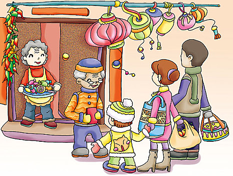 卡通插画,少儿,春节,爸爸,妈妈,小男孩,爷爷,奶奶,灯笼