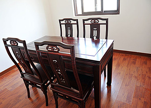 中国,餐厅,暗色,木桌,四个,椅子,窗户,自然,木地板