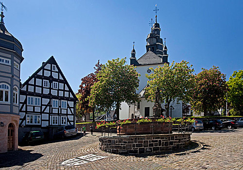 喷泉,城镇,盾徽,教堂,地区,北莱茵威斯特伐利亚,德国,欧洲