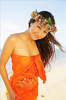 夏威夷,女孩,穿,橙色,沙滩裙,花