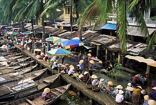越南,惠安,拥挤,鱼市,船,排列,码头,俯视