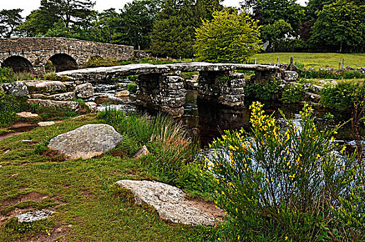 桥,马,13世纪,跨越,东方,河,达特姆尔高原国家公园,德文郡,英格兰,英国,欧洲