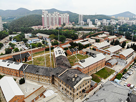 航拍辽宁大连旅顺口区旅顺日俄监狱旧址博物馆