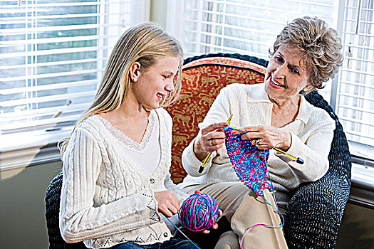 女孩,祖母,编织品,喜爱,房间