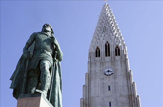 冰岛,雷克雅未克,建造,相似,山,火山岩,国家,大教堂,正面,城市,面对,雕塑,战士,现代,白天,北美