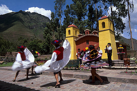 秘鲁,靠近,库斯科市,圣谷,印加,酒店,民族舞,教堂,背景