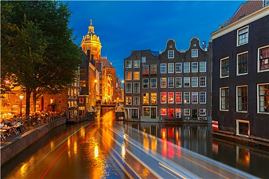 夜晚,城市风光,阿姆斯特丹,运河,教堂,桥