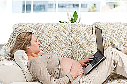 微笑,孕妇,笔记本电脑,躺着,沙发,在家