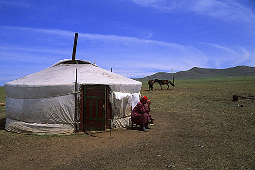 蒙古,靠近,乌兰巴托,草地,蒙古包,露营,女人