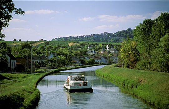 法国,卢瓦尔河谷地区,谢尔河,后视图,旅游,船,运河,卢瓦尔河,背景