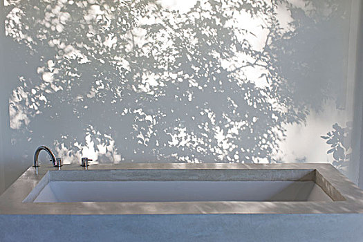 影子,树,帘,后面,浴缸