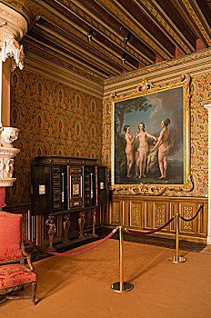沙龙,绘画,三个,卫生间,意大利,柜子,16世纪,舍农索城堡,城堡,卢瓦尔河,中心,区域,法国,欧洲
