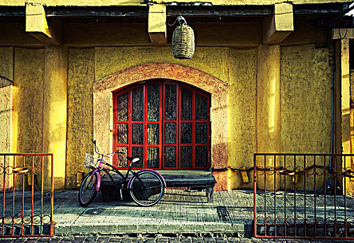 自行车,停放,户外,门,咖啡,墨西哥,城镇