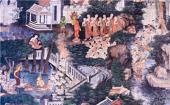 古老,泰国,壁画,生活,佛,庙宇,墙壁