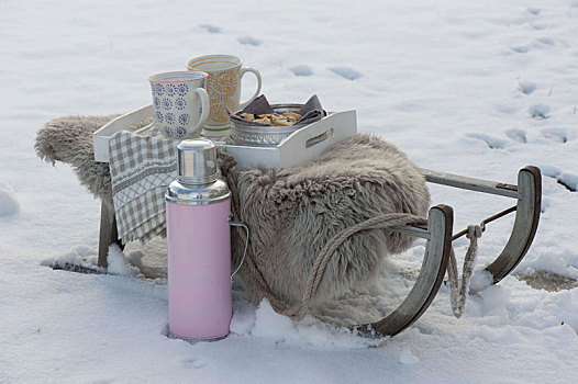 雪撬,热水瓶,雪地