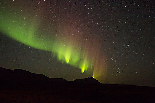 冰岛,北极光,红色,绿色,斯奈山半岛,山,剪影