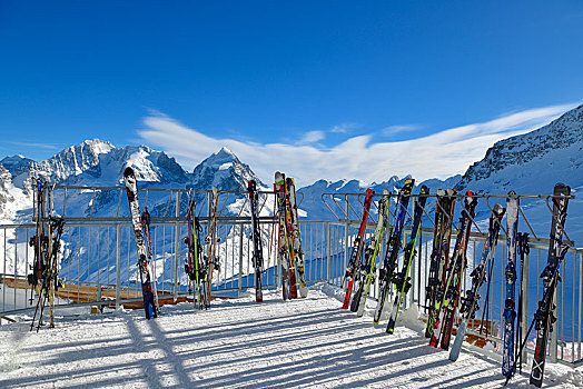 滑雪,停放,正面,雪,山景,滑雪区,背景,恩格达恩,瑞士,欧洲