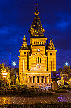 罗马尼亚,巴纳特,区域,蒂米什瓦拉,城市教堂,户外,黃昏
