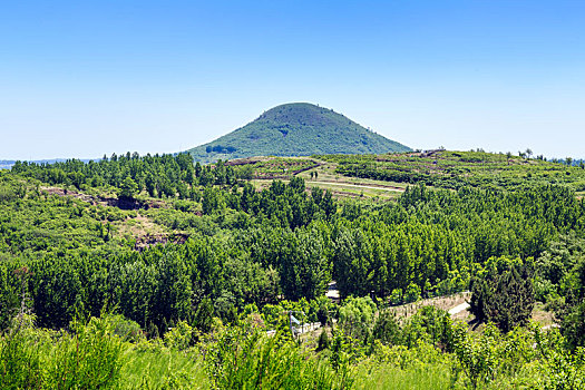 夏天绿色覆盖的山丘,山东省昌乐古火山群