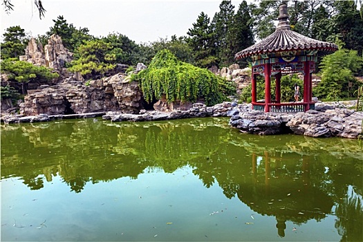 红色,亭子,岩石花园,水,水塘,庙宇,太阳城,公园,北京,中国