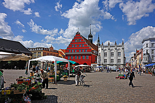 货摊,市场,城镇,背影,13世纪,古典,建筑,哥特式,右边,梅克伦堡前波莫瑞州,德国,欧洲
