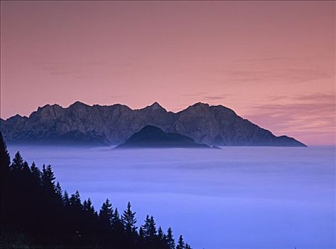 日落,雾,山谷,山脉,卡林西亚,奥地利