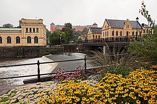 河,泵,房子,彩色,花,乌普萨拉,瑞典