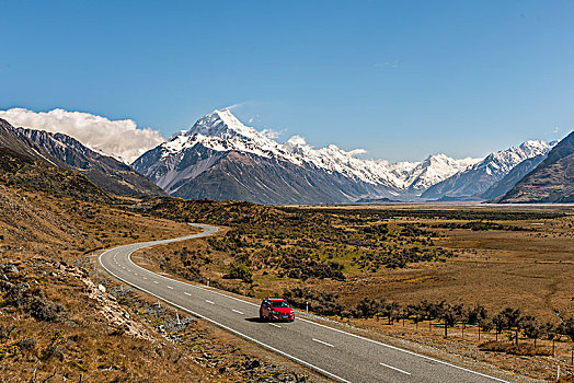 弯曲,道路,库克山,库克山国家公园,南阿尔卑斯山,坎特伯雷地区,南部地区,新西兰,大洋洲