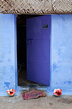 蓝色,建筑,打开,门,泰米尔纳德邦,印度