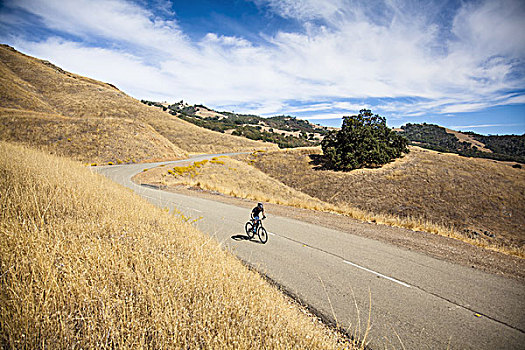 俯视图,男青年,山地车,向上,乡村道路,攀升,湾区,加利福尼亚,美国
