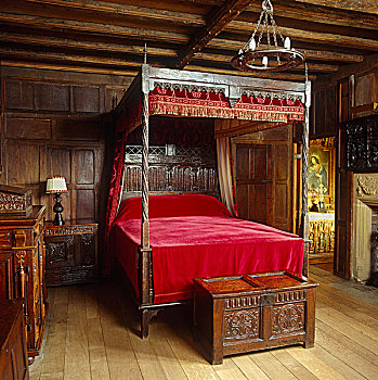 四柱床,红色,天鹅绒,篷子,被面,卧室