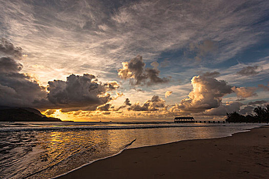 日落,湾,考艾岛