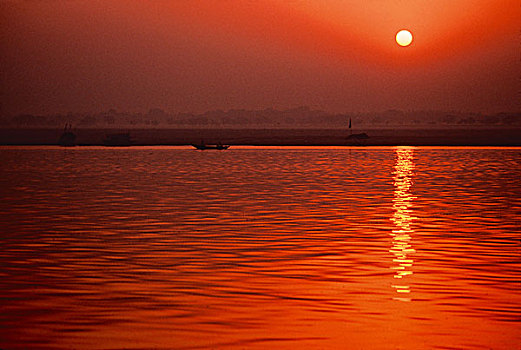 恒河,河,北印度,日落,上方,瓦拉纳西