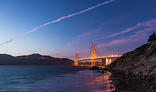 金门大桥,海滩,夜晚,岩石海岸,旧金山,美国,北美