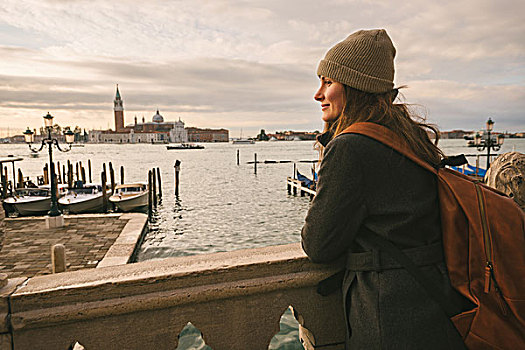 女人,桥,大运河,圣乔治奥,马焦雷湖,岛屿,背景,威尼斯,意大利