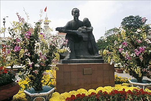 越南,胡志明市,西贡,叔叔,雕塑,市中心,围绕,花