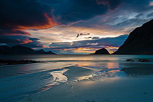 日落,海岸,靠近,罗弗敦群岛,挪威,欧洲