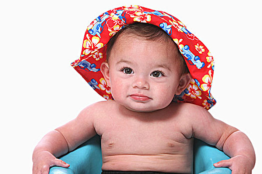 赤膊,男婴,坐,蓝色,戴着,泳衣,夏威夷,帽子,俄勒冈,美国