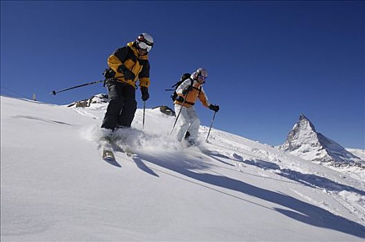偏僻,滑雪者,滑雪,山,正面,马塔角,策马特峰,瓦莱,沃利斯,瑞士,欧洲
