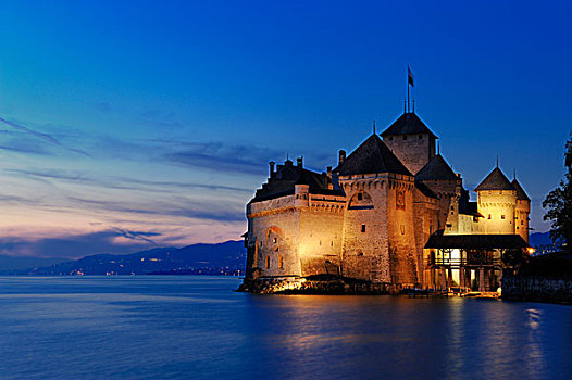 城堡,湖,日内瓦,夜晚,蒙特勒,瑞士,欧洲