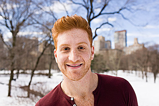 头像,红发,男青年,雪,中央公园,纽约,美国