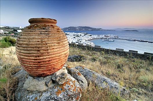 老式,粘土,花瓶,正面,米克诺斯岛,基克拉迪群岛,希腊,欧洲