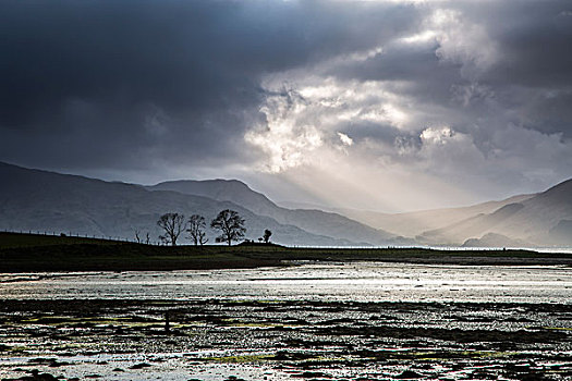 阳光,雷雨天气,上方,湖,苏格兰