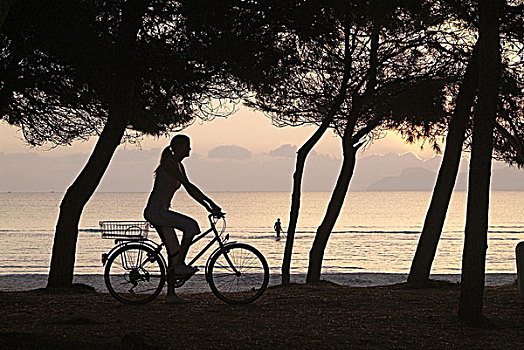 海滩,度假,夏天,女人,自行车,清晨