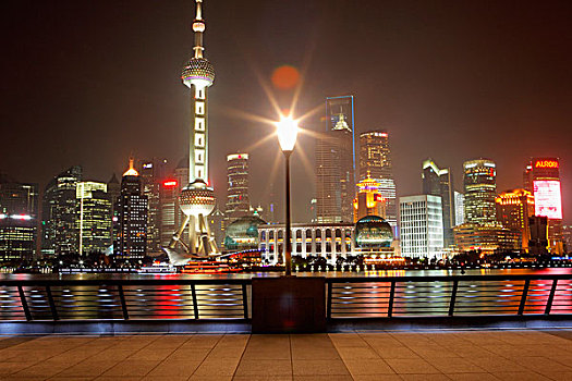 上海,天际线,夜晚,灯,前景