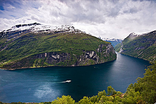 全景,风景,峡湾,鹰,瀑布,渡轮,挪威,斯堪的纳维亚,欧洲