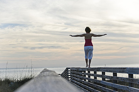 女人,平衡性,木质,栏杆,蜜月,岛屿,州立公园,佛罗里达,美国