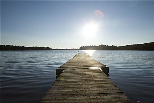 太阳,上方,码头,湖,瑞典
