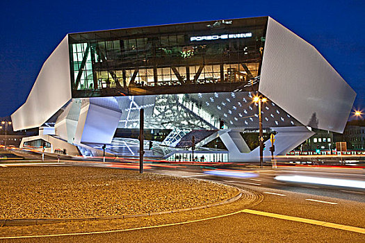 保时捷,博物馆,现代建筑,光亮,晚间,开着,2009年,斯图加特,巴登符腾堡,德国,欧洲