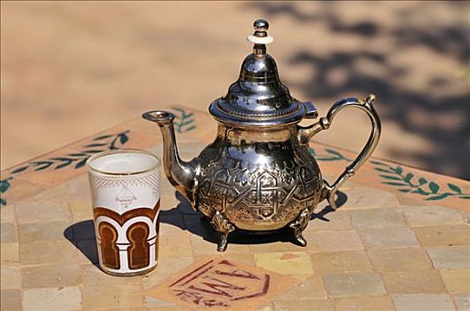 银,茶壶,玻璃茶杯,薄荷茶,花园,玛拉喀什,摩洛哥,非洲